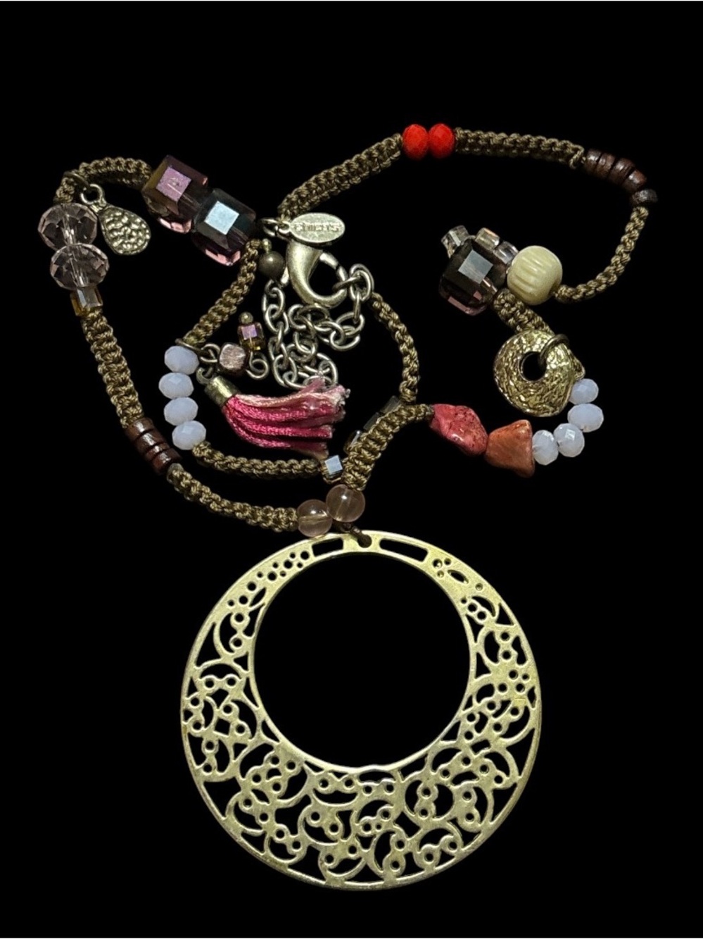 Chicos Boho Filigree Pendant Necklace in Gold with Pink Accents